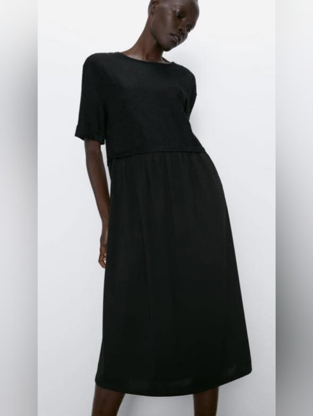 Zara Black Layered Midi Dress Textured Top Flowy Bottom Size S